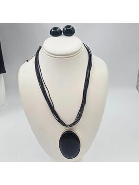 Y2K Black Glass Statement Pendant Necklace ArtisanStyle Multi Strand Leather Cor